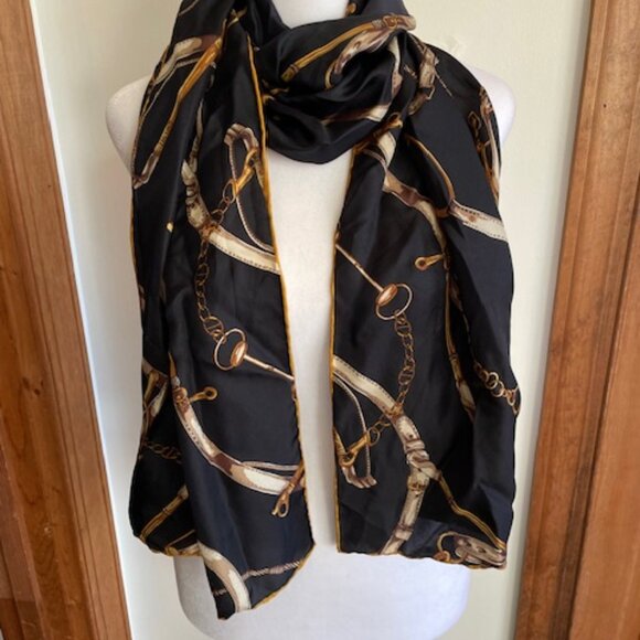 TALBOTS Vintage Silk Scarf Equestrian Print Oblong Black, Brown, Gold - Picture 5 of 14